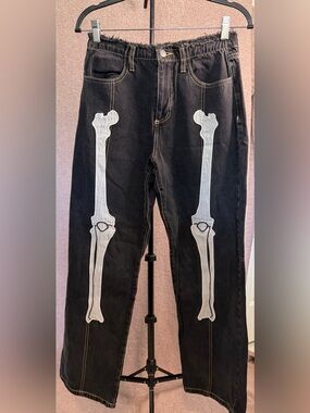 Forever 21 Premium Skeleton Bone Jeans 90s Fit Black M Goth Y2K
